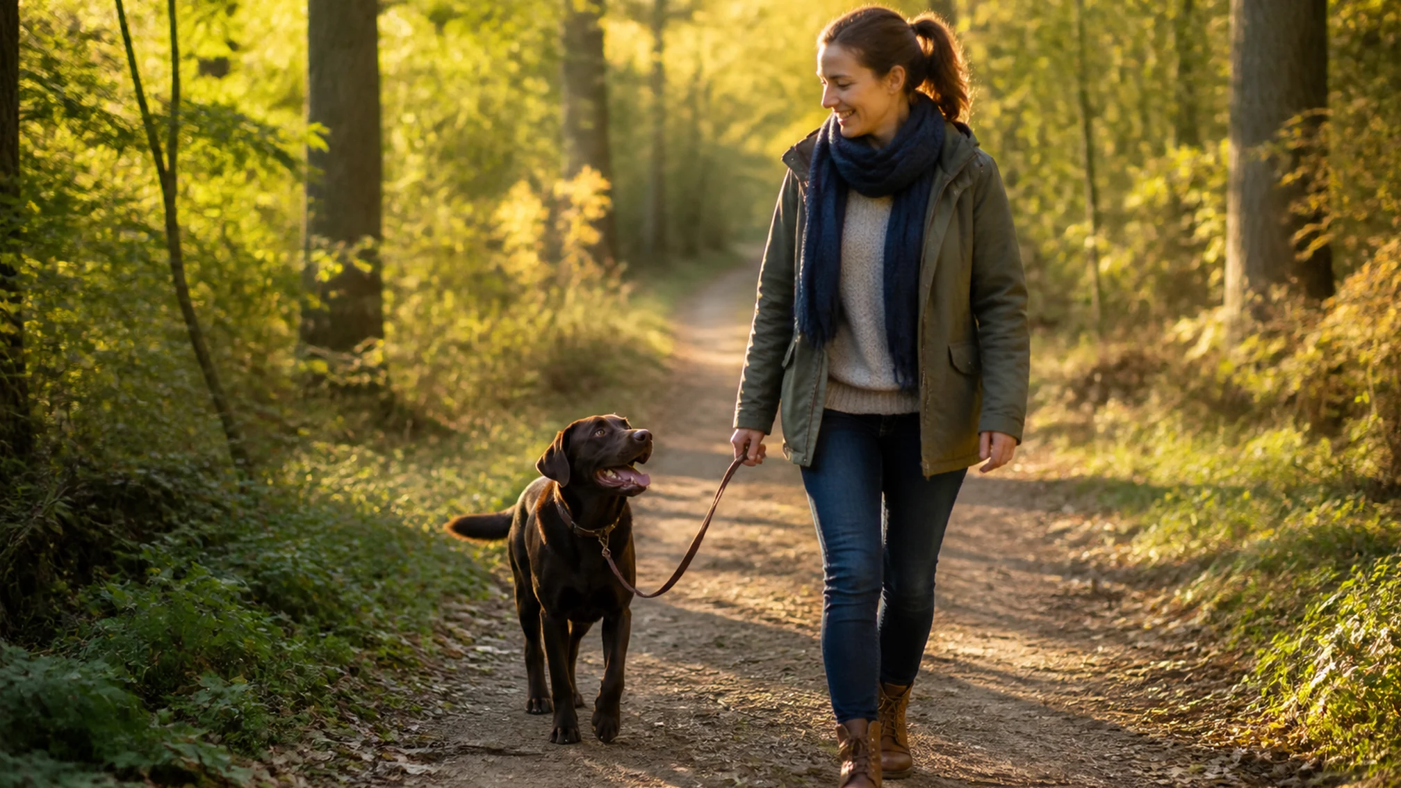 Labrador chocolat en promenade sur un chemin forestier